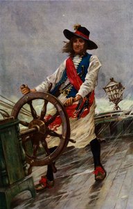 Un Sea Rover, un marin dirigeant un navire dans une tempête (lithographie couleur)