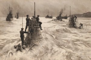 Nouveaux sous-marins britanniques quittant Milford Haven (Angleterre), pour entrer en action. Dessin et lavis (30.4x45.5 cm) par Charles M. Padday ( ) , début du 20e siècle.