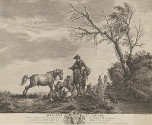 Un accident en voyage, un homme agenouillé réparant une selle cassée, un cheval pissant à ..., 1740-50