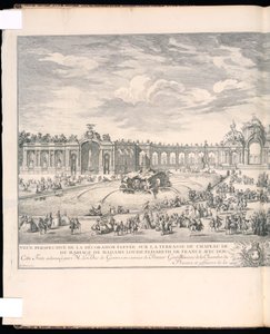 Impression reliée, Vue perspective de la décoration élevée sur la terrasse du Château de Versailles pour l’illumination et le feu d’artifice qui a été tiré à l’occasion du mariage de Madame Louise-Elisabeth de France avec Don Philippe Second Infant d’Espag - Charles Nicolas Cochin the younger
