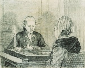 Un couple assis, la dame vue de dos, jouant au backgammon à la chandelle - Charles Nicolas II Cochin