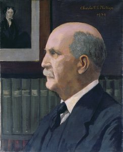 William Henry Bragg (1862-1942) avec une image de Michael Faraday (1791-1867) en arrière-plan, 1939 - Charles Phillips