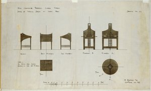 Conceptions pour des bureaux montrés en élévations frontale et latérale, pour les salons de thé Ingram Street, 1909 - Charles Rennie Mackintosh