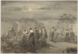 Groupe de dames et messieurs dans une cour éclairée par la lune avec des rosiers - Charles Rochussen