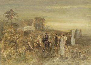 Moines se rendant à une église, observés par un groupe de Germains