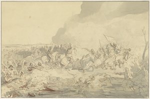 Bataille entre cavalerie et infanterie en tenue du XVIe siècle