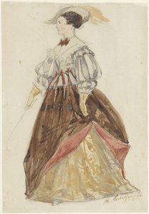 Femme en costume riche, avec chapeau et fouet à la main