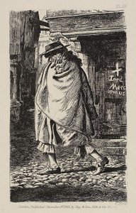 Une figure en manteau passant dans la rue (au moment de la peste à Londres)