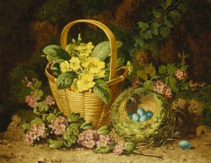 Primevères dans un panier, japonica et un nid d