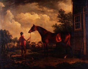 Un chasseur et un palefrenier devant une maison de campagne - Charles Towne