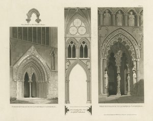 Cathédrale de Lichfield - Entrée Ouest, Entrée Nord et Nef (gravure aquatinte) - Charles Wild