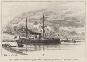 HMS Blake, le croiseur protégé récemment lancé à Chatham, dans le port de Portsmouth - Charles William Wyllie