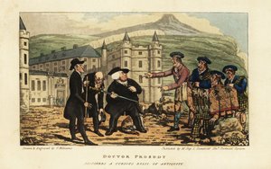 Un maçon écossais informant les touristes anglais que leur épée falchion ancienne rouillée est une lame moderne par Andrea Ferrara devant le palais de Holyrood, Édimbourg