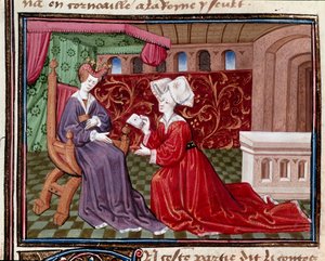 Une servante portant une lettre à la reine Iseut. Miniature tirée du 