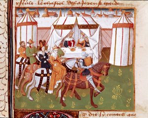 Arrivée des chevaliers au festin donné par le roi Arthur et la reine Guenièvre à Camelot. Miniature tirée du 