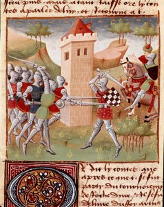 Lancelot du Lac combattant des chevaliers Miniature tirée de « Roman du Chevalier Tristan » par Maître Charles de Maine (version Beroul). 1440-1460. Chantilly, Musée Condé - Charles du Maine Master