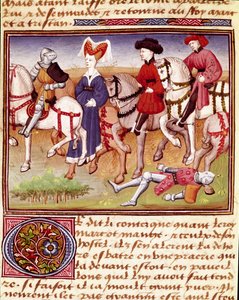 La reine Iseut à cheval accompagnée de cavaliers, miniature tirée du 