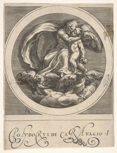 Jupiter, assis au-dessus de deux aigles et embrassant Cupidon, une composition ronde d