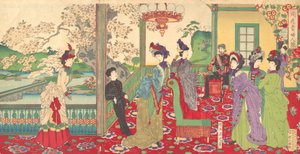 Concours de dames élégantes parmi les cerisiers en fleurs - Chikanobu Yoshu