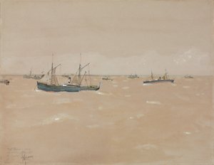 Vapeurs de fruits affrontant une tempête, au large des côtes espagnoles - Childe Frederick Hassam