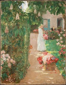 Cueillir des fleurs dans un jardin français - Childe Frederick Hassam