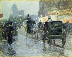 Fiacres à cheval le soir, New York, c.1890 - Childe Frederick Hassam
