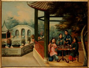 Scène de jardin chinois avec des dames prenant le thé, milieu du 19ème siècle - Chinese School