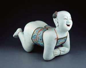 Oreiller en porcelaine chinoise en forme de garçon semi-nu