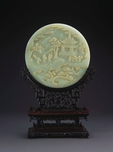 Un écran de table circulaire en jade blanc représentant des érudits approchant un pavillon - Chinese School