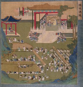 Empereur et impératrice chinois anciens tenant cour devant des courtisans naviguant et buvant dans un étang de vin de riz et se servant de flancs de bacon - Chinese School