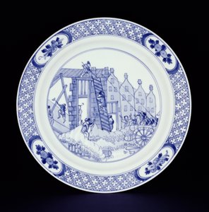 Assiette bleue et blanche représentant les émeutes de Rotterdam (porcelaine) - Chinese School