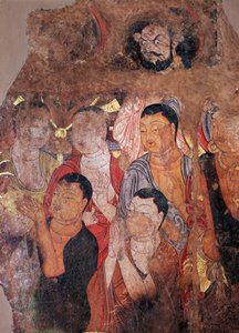 Bouddhisme : Groupe de moines et de Bodhisattvas (ou bodhisatta) Fragment de fresque du 8ème siècle provenant du monastère chinois de Shiksha