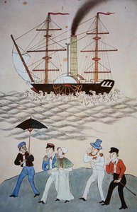 Peinture chinoise du premier navire à vapeur britannique et des passagers débarquant à Canton vers 1840