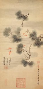 Cinq chauves-souris parmi une branche de pin, 1844 - Chinese School