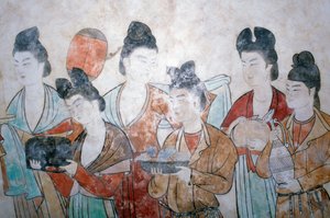 Offrande de cadeaux, peinture murale de la tombe de Wu Tse Tien, tombes de Chien, dynastie Tang, Chine, Shan Xi, 8ème siècle - Chinese School
