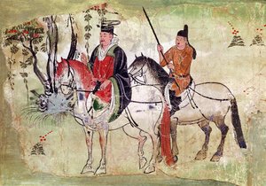 Deux cavaliers dans un paysage ou, Le Boddhisatva et son écuyer, période Tang - Chinese School