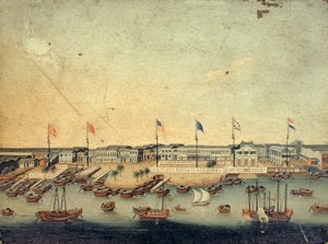 Vue des Hongs à Canton avec les usines danoises, autrichiennes, américaines, suédoises, britanniques et néerlandaises