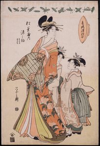 Portrait en pied de la courtisane Somenosuke accompagnée de deux Kamuro - Chobunsai Eishi