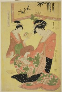 Beautés parodiant les Sept Sages - Une sélection de jeunes courtisanes (Shichi kenjin yatsushi bijin shinzo zoroe): Tokiuta du Chojiya