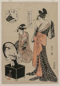 Courtisane devant un miroir ajustant ses épingles à cheveux de la série Une nouvelle série des six... - Chobunsai Eishi