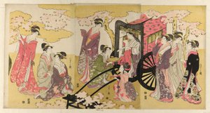Noble femme dans un carrosse regardant les fleurs de cerisier - Chobunsai Eishi