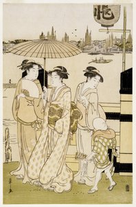 Trois femmes et un garçon le long de la rivière Sumida, 1788-89 - Chobunsai Eishi