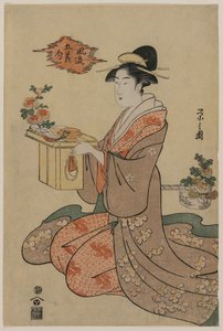 Femme tenant un support de tasse en bois décoré de chrysanthèmes (de la série Images élégantes des cinq festivals saisonniers) - Chobunsai Eishi