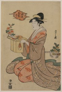 Femme tenant un support de tasse en bois décoré de chrysanthèmes..., milieu des années 1790 - Chobunsai Eishi