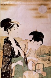 Admirant la lune : deux femmes fumant. Estampes par Choki Eishosai (actif fin 18ème siècle-début 19ème siècle) - Choki Eishusai