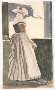 Jeune Fille Tricotant en Costume de Salling, Regardant par une Fenêtre - Christen Dalsgaard