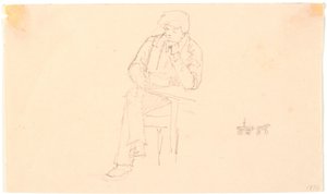 Homme assis à une table et petit croquis de calèche