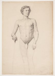Modèle masculin académique debout, jambes seulement esquissées