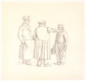 Trois personnes en conversation; de dos au centre le maître boulanger Købke, à gauche le major Krohn et à droite le sergent d