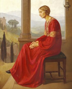 Une femme en robe rouge assise sur une terrasse dans un paysage italien - Christian Bang
